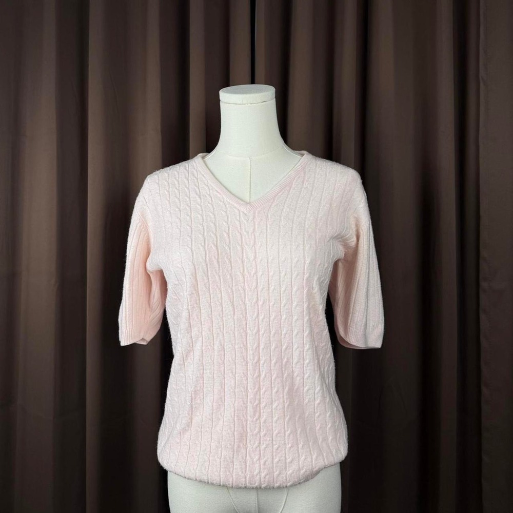 Specialty Collection Womens Pink Cable Knit V-Neck Short Sleeve Sweater Size M